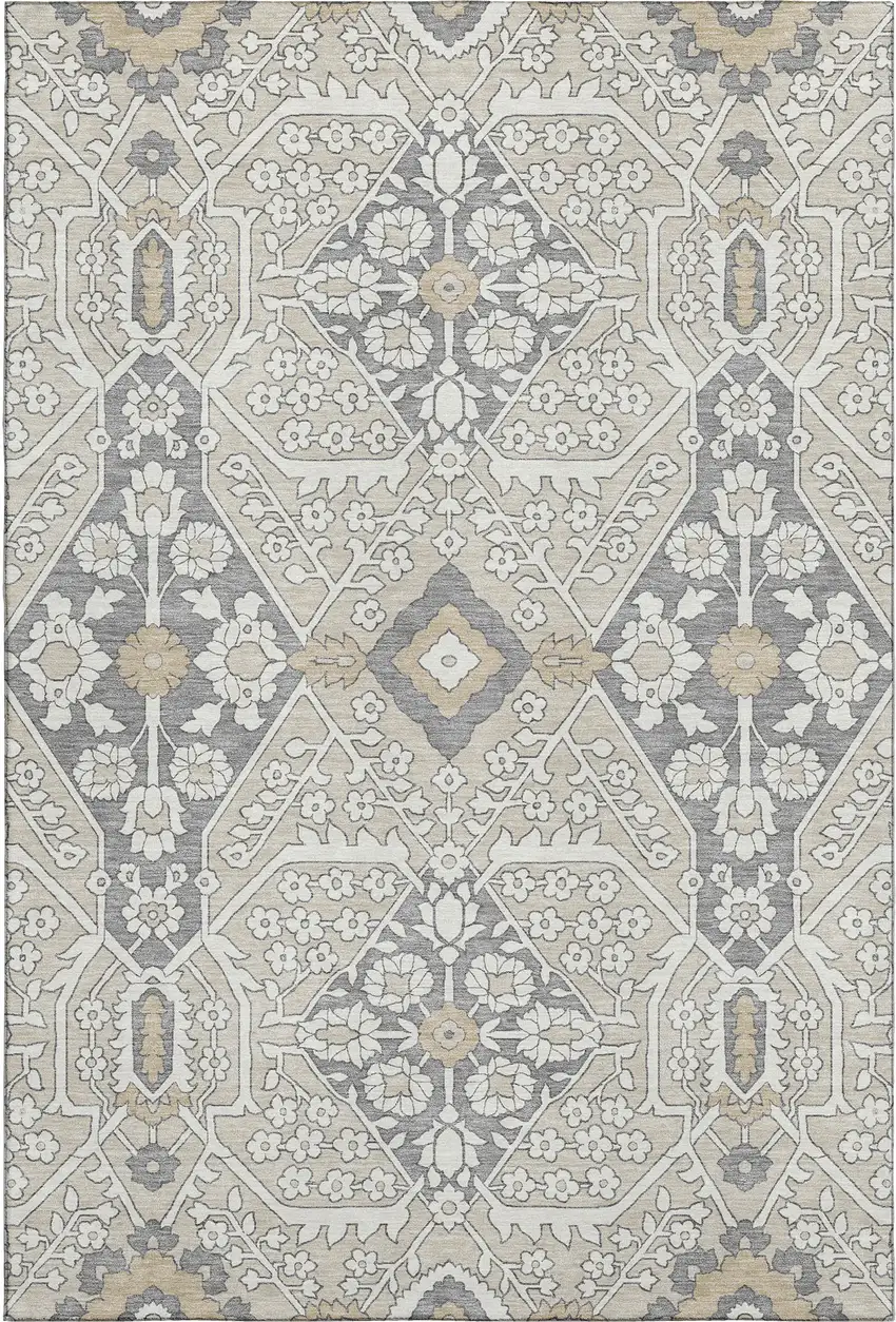 Beige Ivory And Gray Floral Washable Area Rug With UV Protection Photo 2