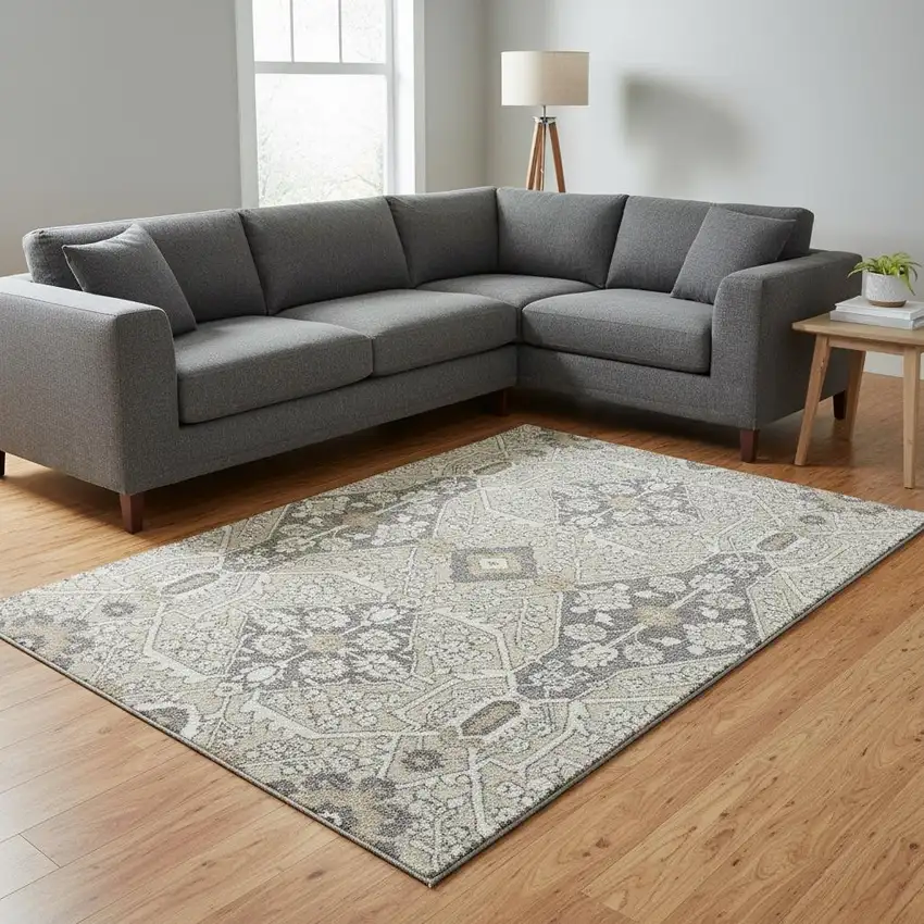 Beige Ivory And Gray Floral Washable Area Rug With UV Protection Photo 1