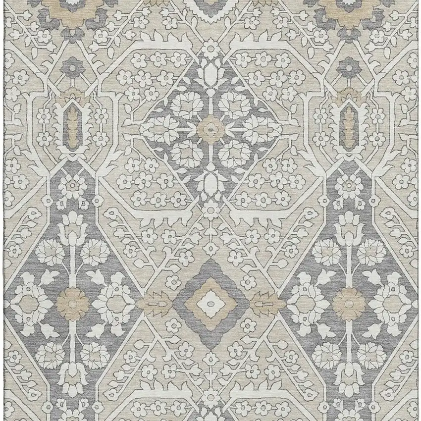 Beige Ivory And Gray Floral Washable Area Rug With UV Protection Photo 5