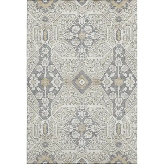 Beige Ivory And Gray Floral Washable Area Rug With UV Protection Photo 2
