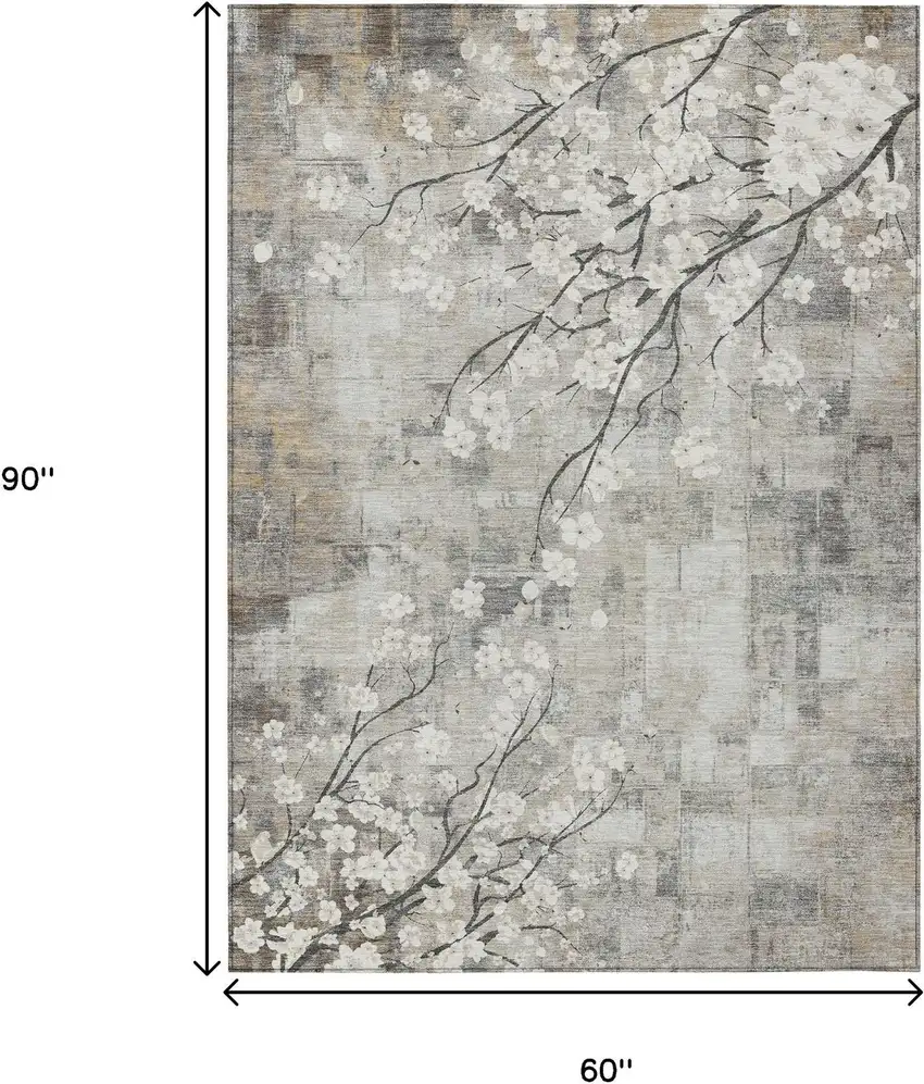 Beige Ivory And Gray Floral Washable Indoor Outdoor Area Rug Photo 3