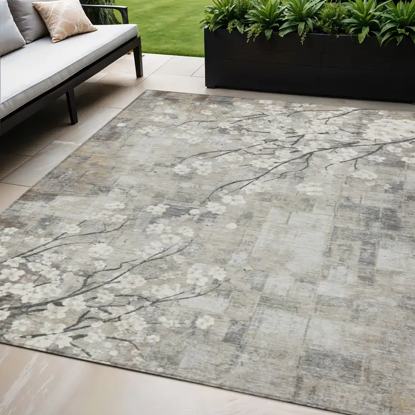 Beige Ivory And Gray Floral Washable Indoor Outdoor Area Rug Photo 1