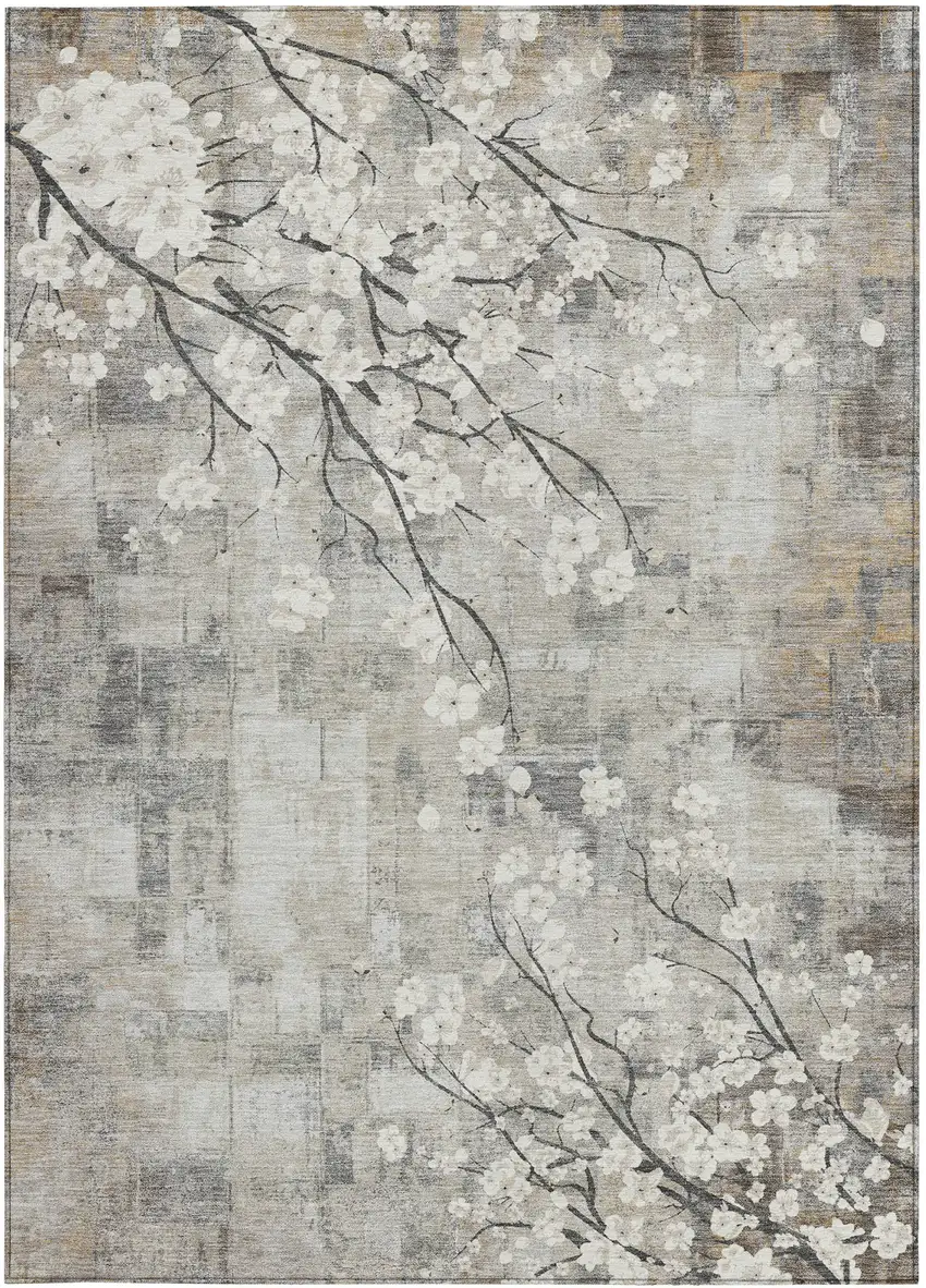 Beige Ivory And Gray Floral Washable Indoor Outdoor Area Rug Photo 5