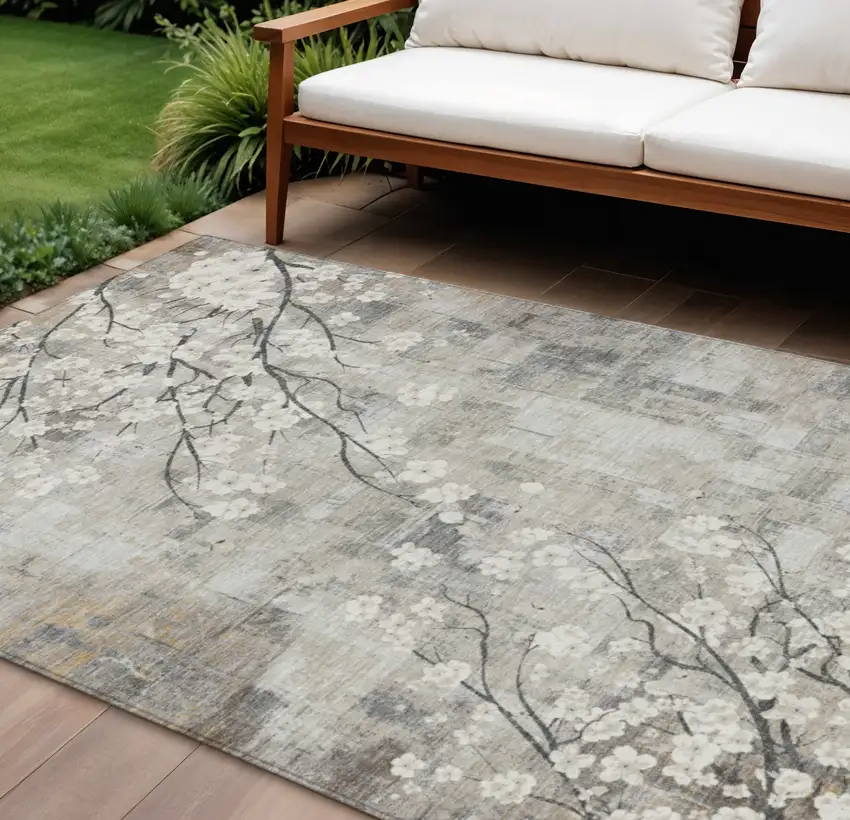 Beige Ivory And Gray Floral Washable Indoor Outdoor Area Rug Photo 1