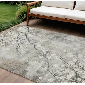 Photo of Beige Ivory And Gray Floral Washable Indoor Outdoor Area Rug