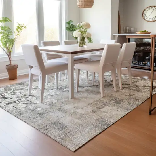 Beige Ivory And Gray Floral Washable Indoor Outdoor Area Rug Photo 9
