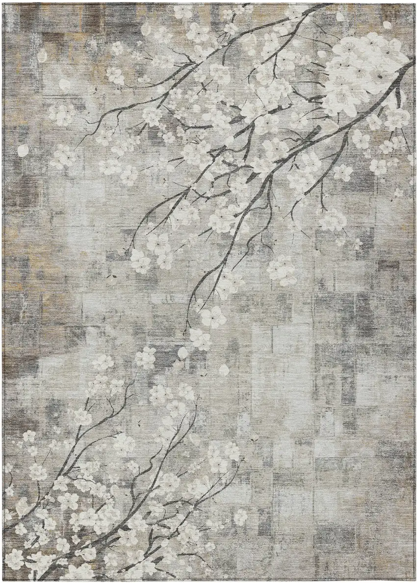 Beige Ivory And Gray Floral Washable Indoor Outdoor Area Rug Photo 2