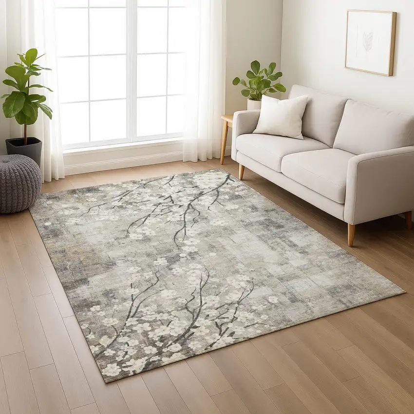 Beige Ivory And Gray Floral Washable Indoor Outdoor Area Rug Photo 8