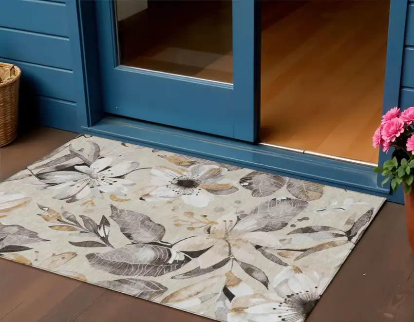 Beige Ivory And Gray Floral Washable Indoor Outdoor Area Rug Photo 1