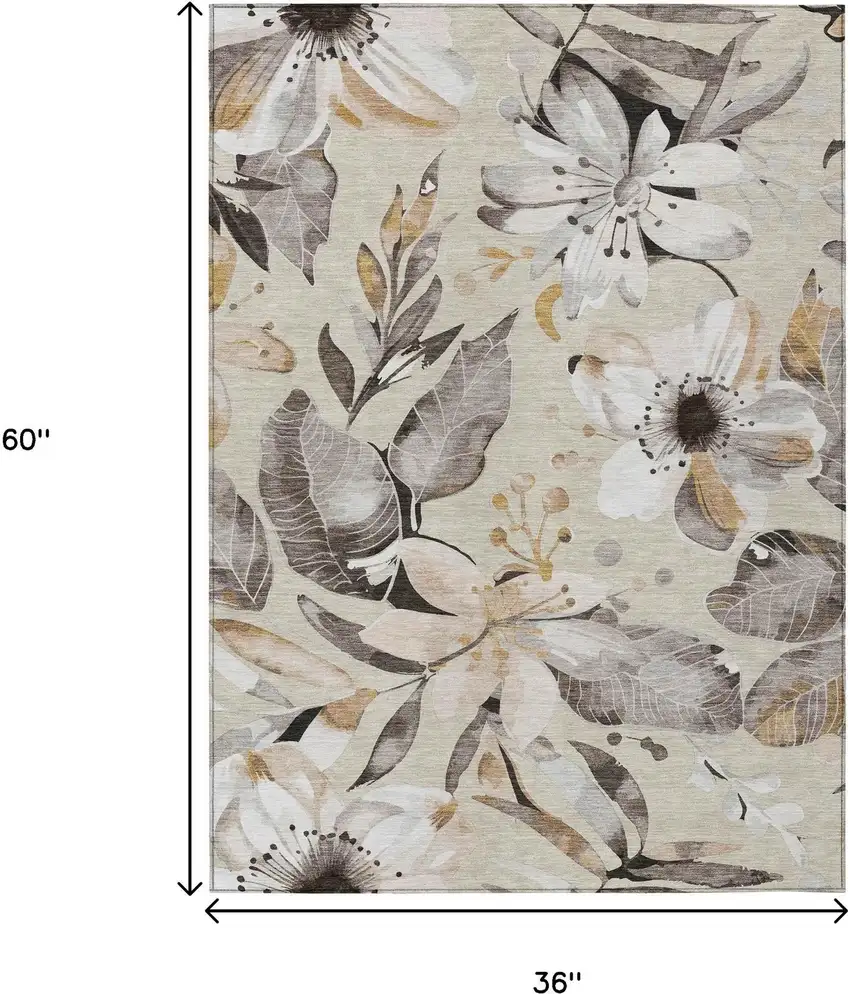 Beige Ivory And Gray Floral Washable Indoor Outdoor Area Rug Photo 3