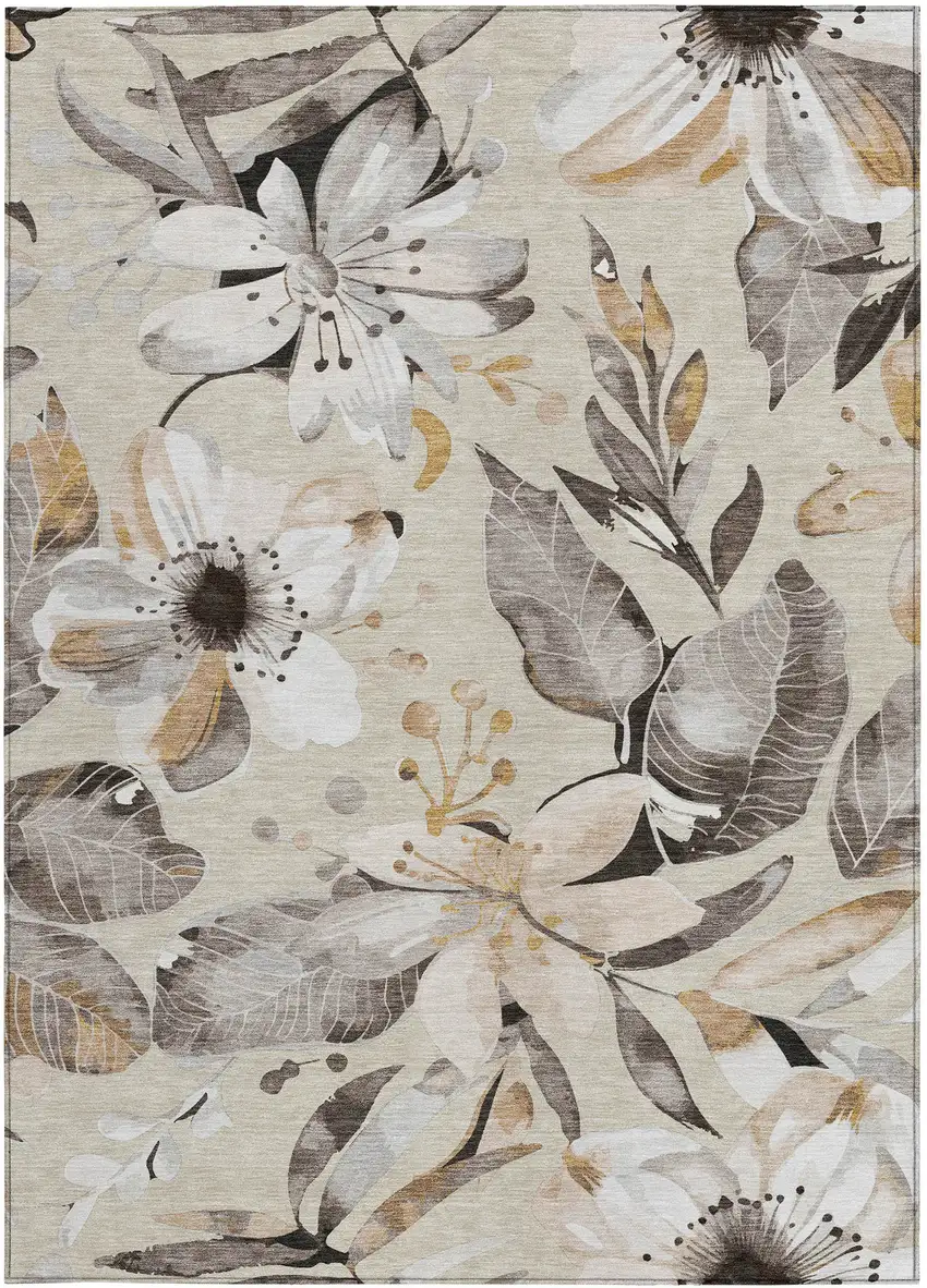 Beige Ivory And Gray Floral Washable Indoor Outdoor Area Rug Photo 4