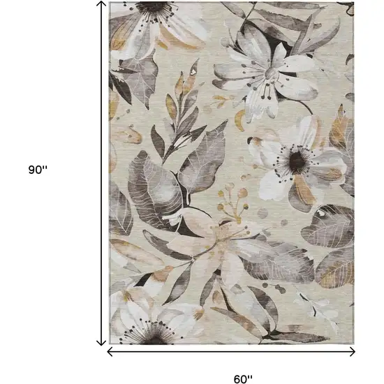 Beige Ivory And Gray Floral Washable Indoor Outdoor Area Rug Photo 3