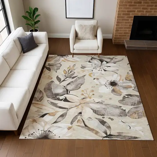 Beige Ivory And Gray Floral Washable Indoor Outdoor Area Rug Photo 9