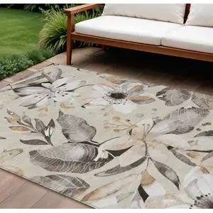 Photo of Beige Ivory And Gray Floral Washable Indoor Outdoor Area Rug