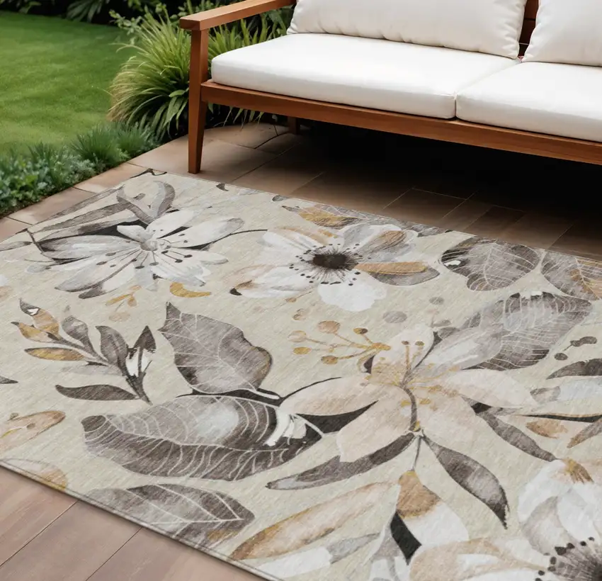 Beige Ivory And Gray Floral Washable Indoor Outdoor Area Rug Photo 1