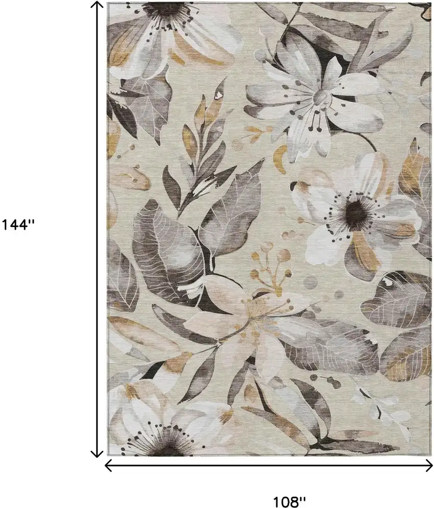 Beige Ivory And Gray Floral Washable Indoor Outdoor Area Rug Photo 3