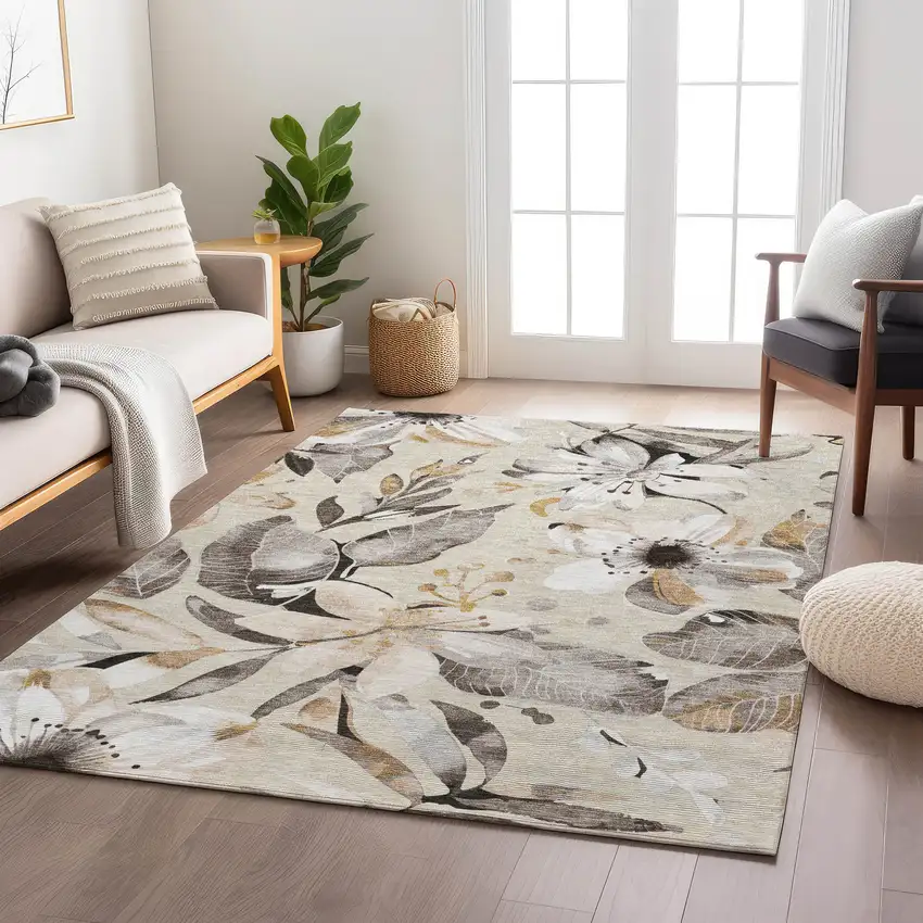 Beige Ivory And Gray Floral Washable Indoor Outdoor Area Rug Photo 9
