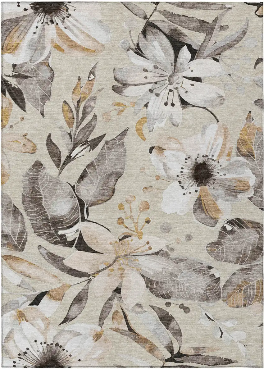 Beige Ivory And Gray Floral Washable Indoor Outdoor Area Rug Photo 2