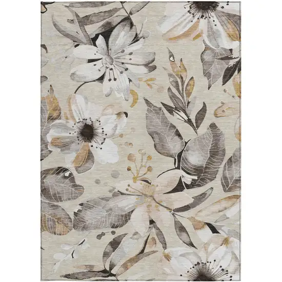 Beige Ivory And Gray Floral Washable Indoor Outdoor Area Rug Photo 5