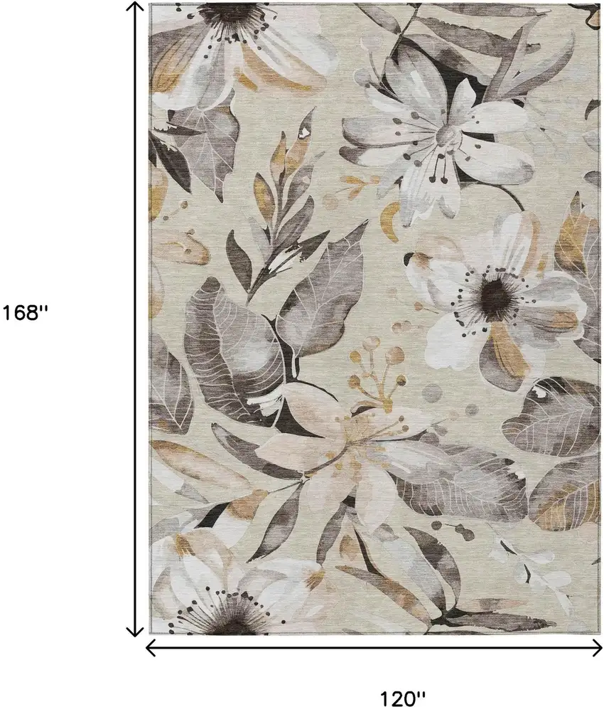Beige Ivory And Gray Floral Washable Indoor Outdoor Area Rug Photo 3