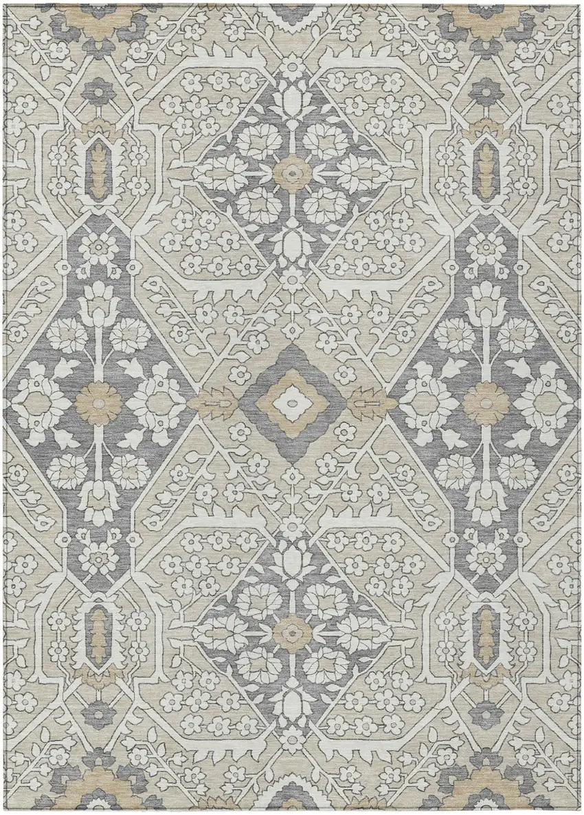 Beige Ivory And Gray Floral Washable Indoor Outdoor Area Rug Photo 2