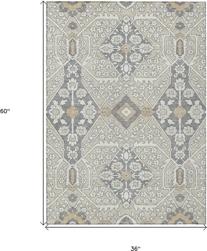 Beige Ivory And Gray Floral Washable Indoor Outdoor Area Rug Photo 3