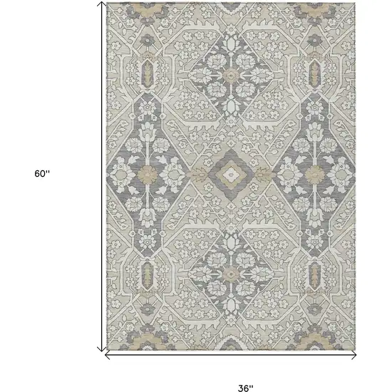 Beige Ivory And Gray Floral Washable Indoor Outdoor Area Rug Photo 3