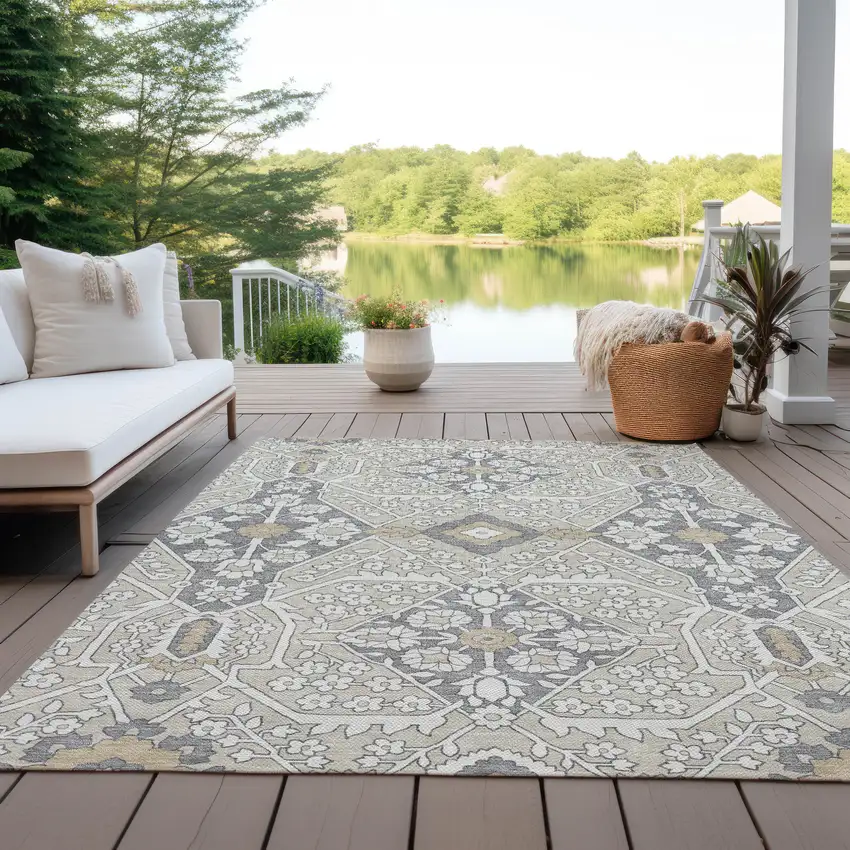 Beige Ivory And Gray Floral Washable Indoor Outdoor Area Rug Photo 9