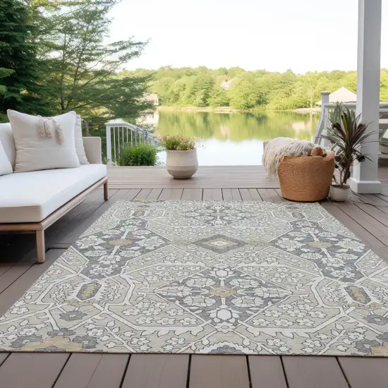 Beige Ivory And Gray Floral Washable Indoor Outdoor Area Rug Photo 9