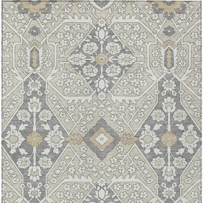 Beige Ivory And Gray Floral Washable Indoor Outdoor Area Rug Photo 7