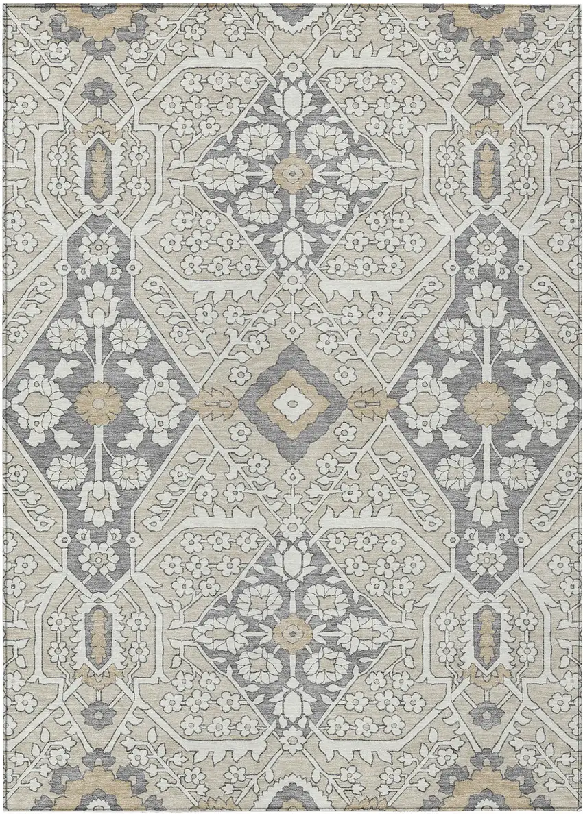 Beige Ivory And Gray Floral Washable Indoor Outdoor Area Rug Photo 2