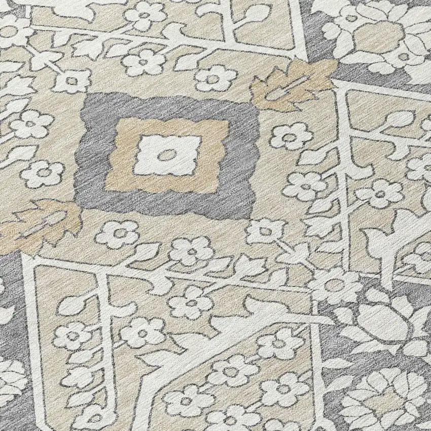 Beige Ivory And Gray Floral Washable Indoor Outdoor Area Rug Photo 6
