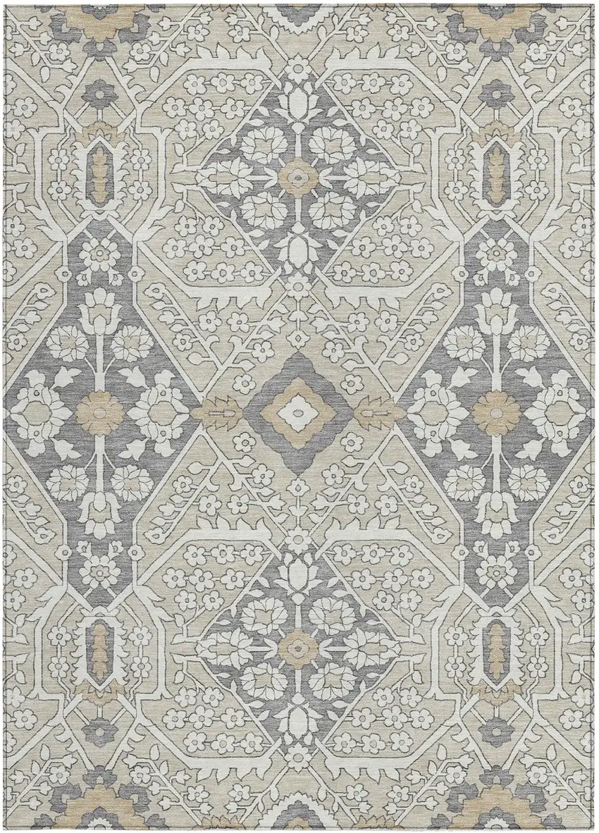 Beige Ivory And Gray Floral Washable Indoor Outdoor Area Rug Photo 8