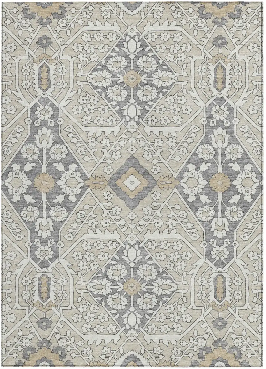 Beige Ivory And Gray Floral Washable Indoor Outdoor Area Rug Photo 8