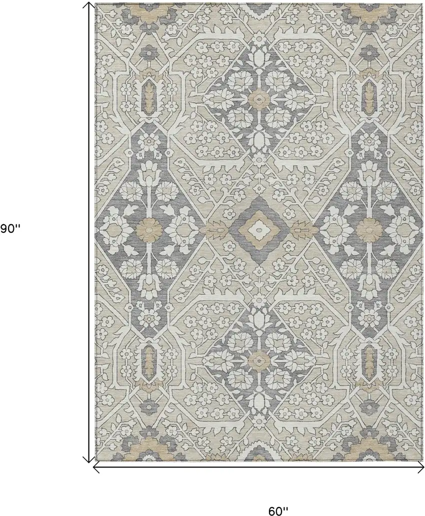 Beige Ivory And Gray Floral Washable Indoor Outdoor Area Rug Photo 3