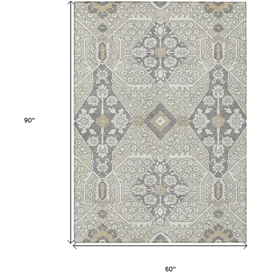 Beige Ivory And Gray Floral Washable Indoor Outdoor Area Rug Photo 3