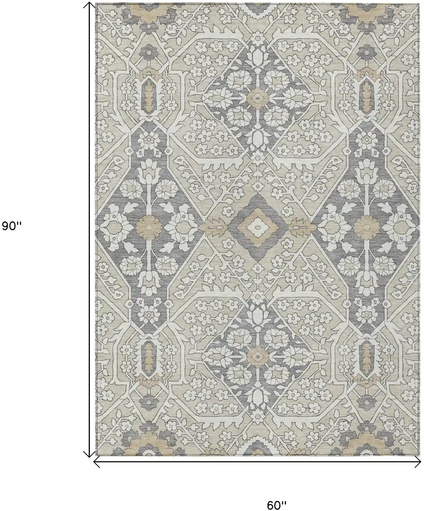Beige Ivory And Gray Floral Washable Indoor Outdoor Area Rug Photo 3