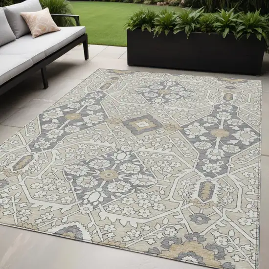 Beige Ivory And Gray Floral Washable Indoor Outdoor Area Rug Photo 1