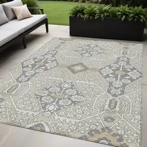 Photo of Beige Ivory And Gray Floral Washable Indoor Outdoor Area Rug