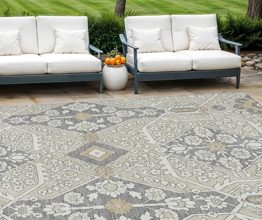 Beige Ivory And Gray Floral Washable Indoor Outdoor Area Rug Photo 1