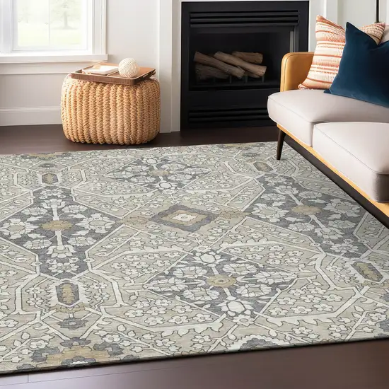 Beige Ivory And Gray Floral Washable Indoor Outdoor Area Rug Photo 9