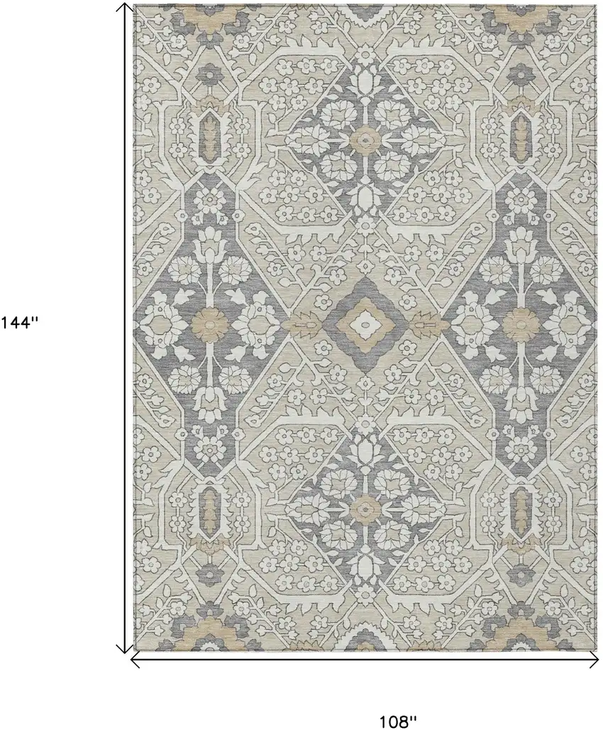 Beige Ivory And Gray Floral Washable Indoor Outdoor Area Rug Photo 3