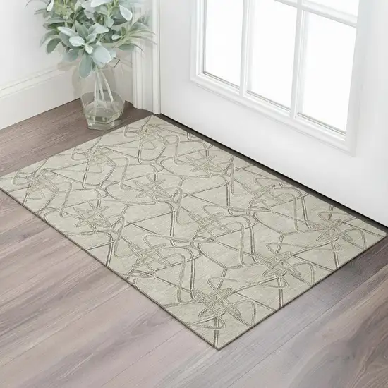 Beige Ivory And Gray Geometric Washable Area Rug With UV Protection Photo 2