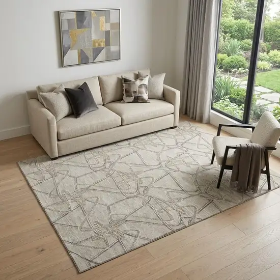 Beige Ivory And Gray Geometric Washable Area Rug With UV Protection Photo 1