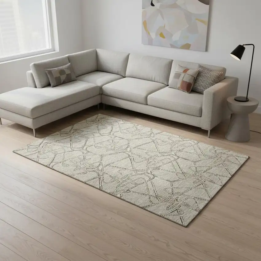 Beige Ivory And Gray Geometric Washable Area Rug With UV Protection Photo 2