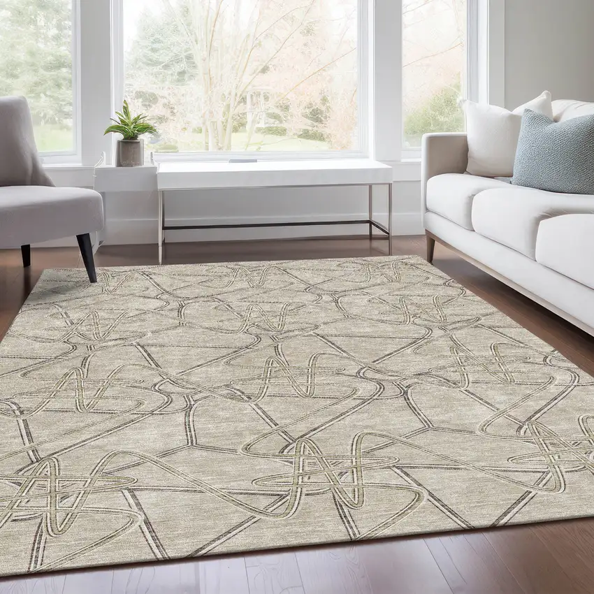 Beige Ivory And Gray Geometric Washable Area Rug With UV Protection Photo 5