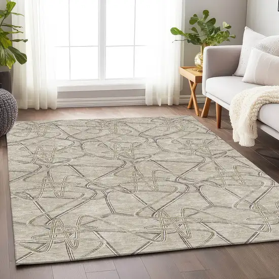 Beige Ivory And Gray Geometric Washable Area Rug With UV Protection Photo 4