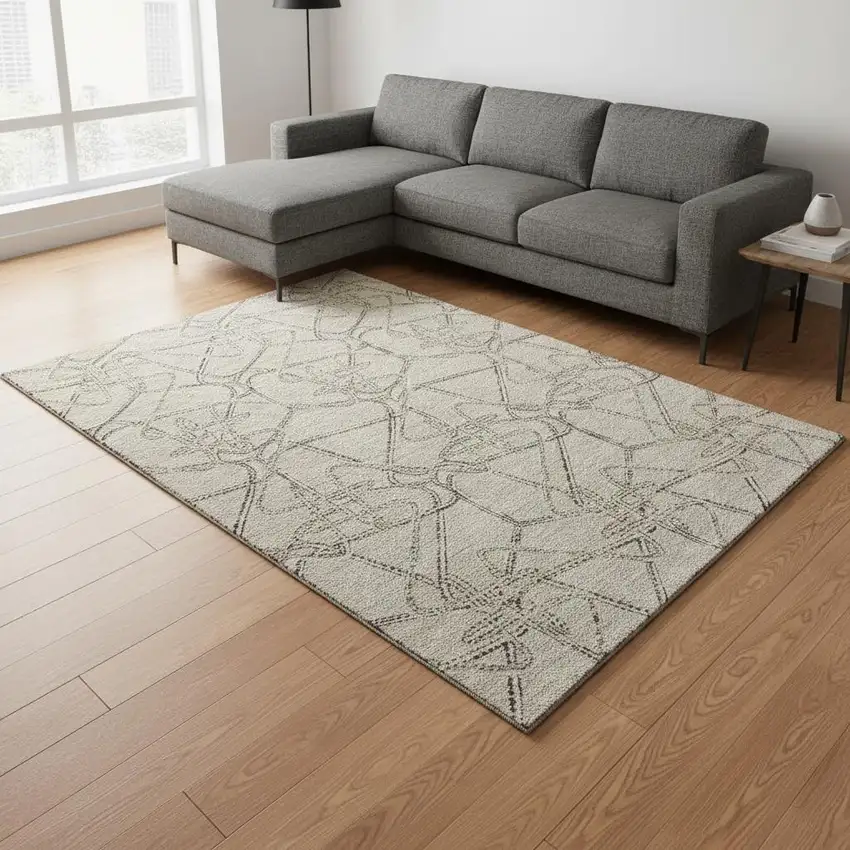 Beige Ivory And Gray Geometric Washable Area Rug With UV Protection Photo 2