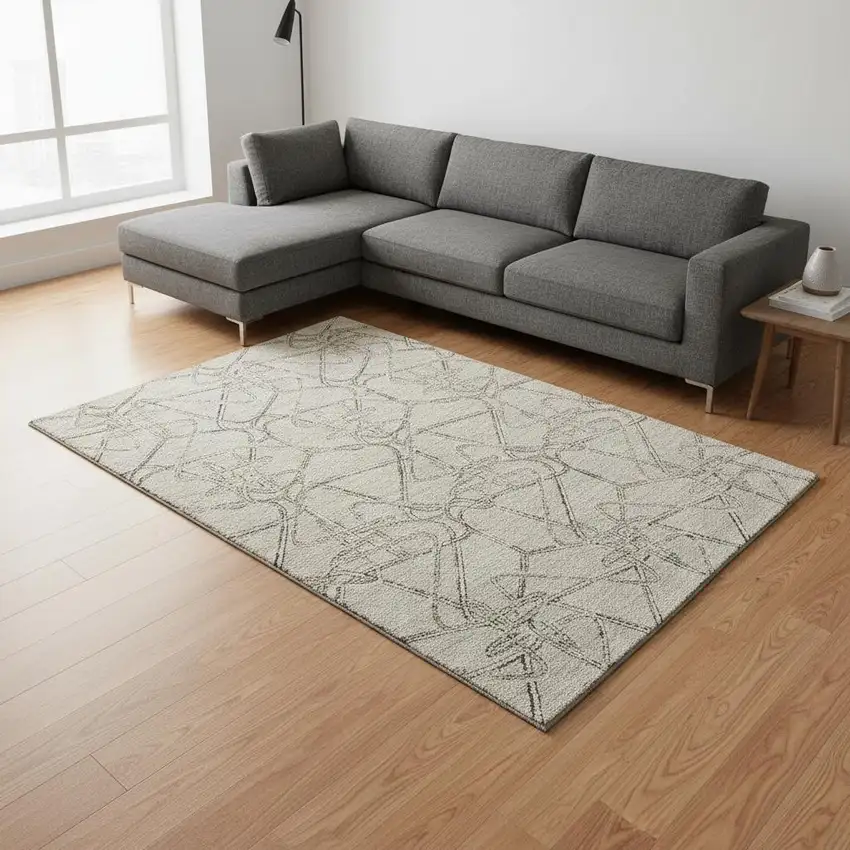 Beige Ivory And Gray Geometric Washable Area Rug With UV Protection Photo 2