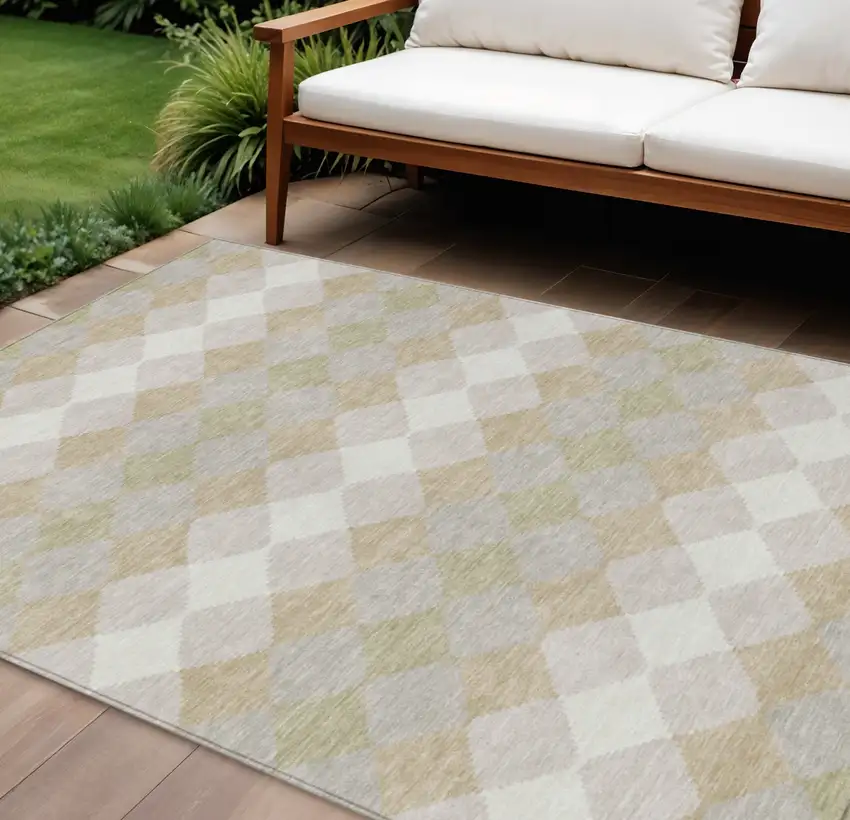 Beige Ivory And Gray Geometric Washable Indoor Outdoor Area Rug Photo 1